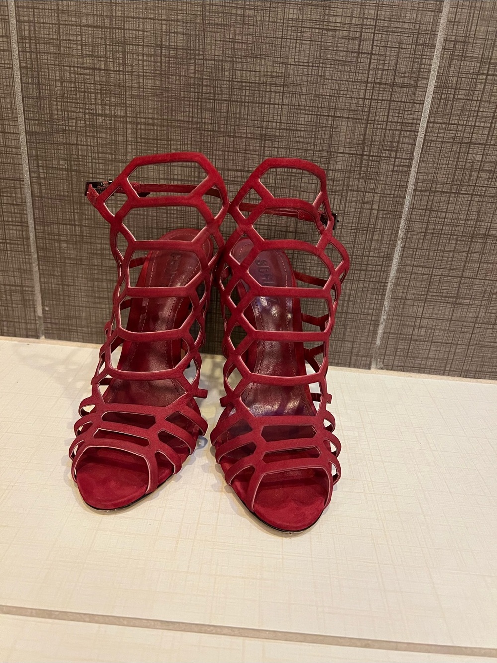 SCHUTZ Red Cage Strappy High-Heel Sandals